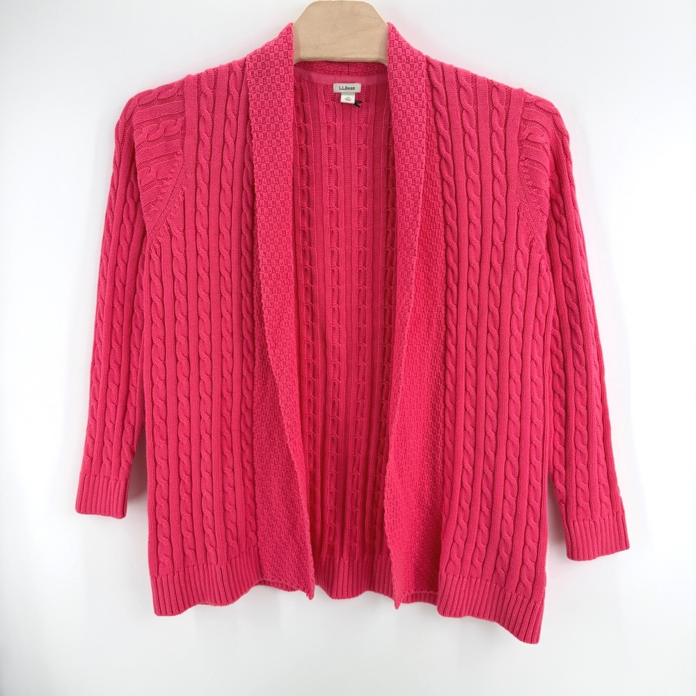 L.L.Bean Pink Cable Knit Shawl Cardigan 1X 100% Cotton Open Front Classic Preppy